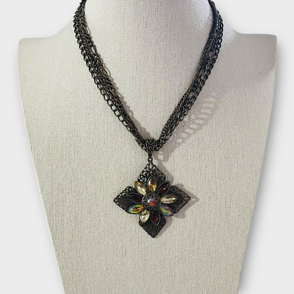 Gorgeous Bronze Floral Cross Pendant Statement Necklace